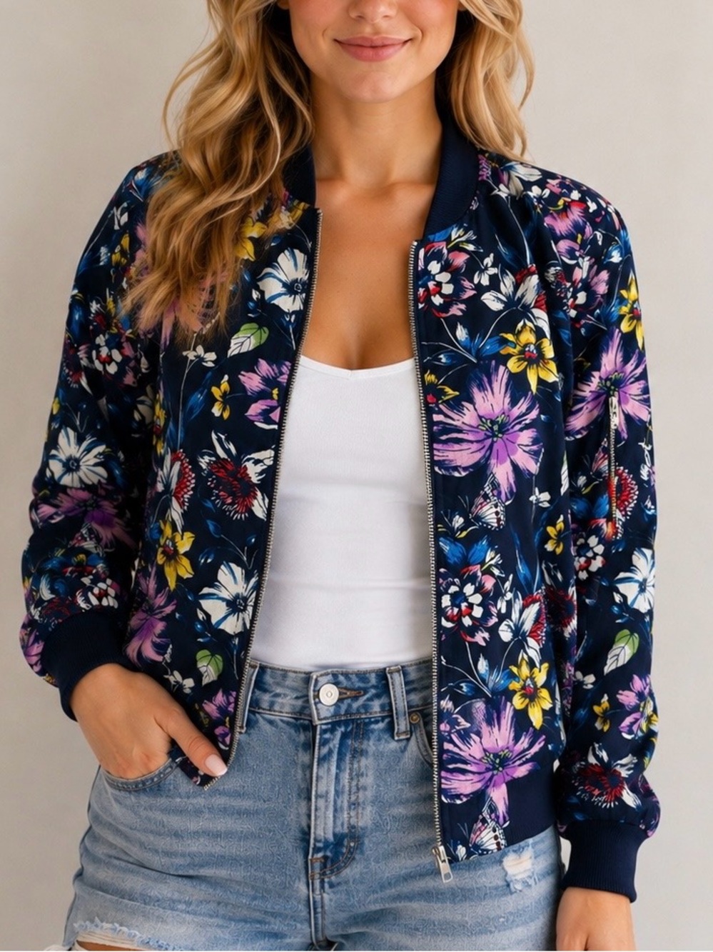 Philosophy Floral Butterfly Bomber Jacket Navy Lightweight Zip Front Small
